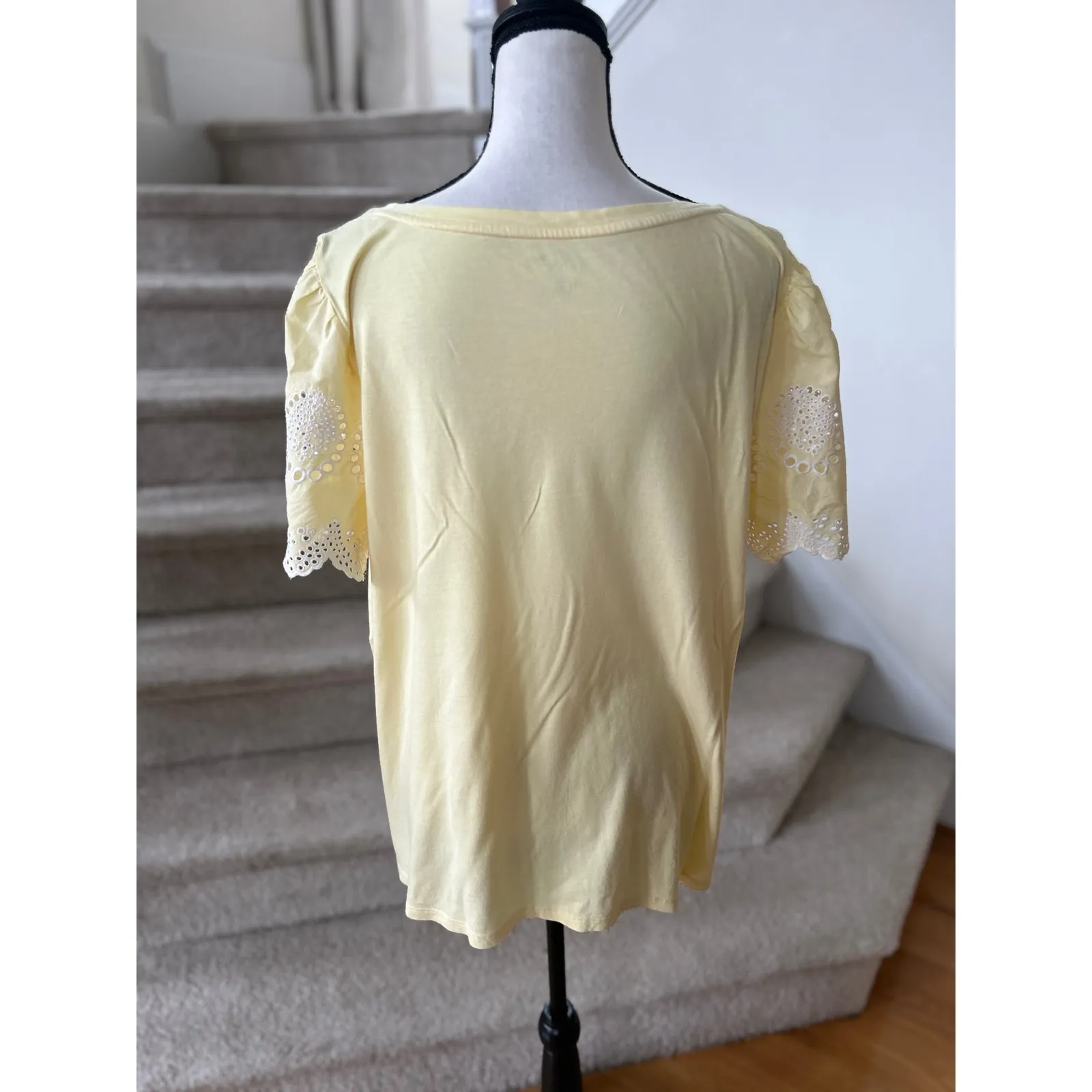 Talbots Butter Yellow Eyelet Flutter Sleeve Scoop Neck T-Shirt - Image 3
