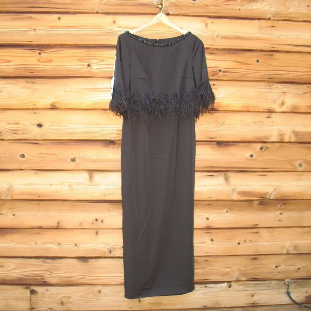 MAC DUGGAL 11787 Quarter Sleeve Crystal Neck Feather Detail Dress - Image 6