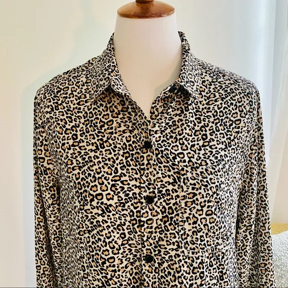 Beach Lunch Lounge Leopard Print Long-sleeve Collared Top/Blouse - Image 2