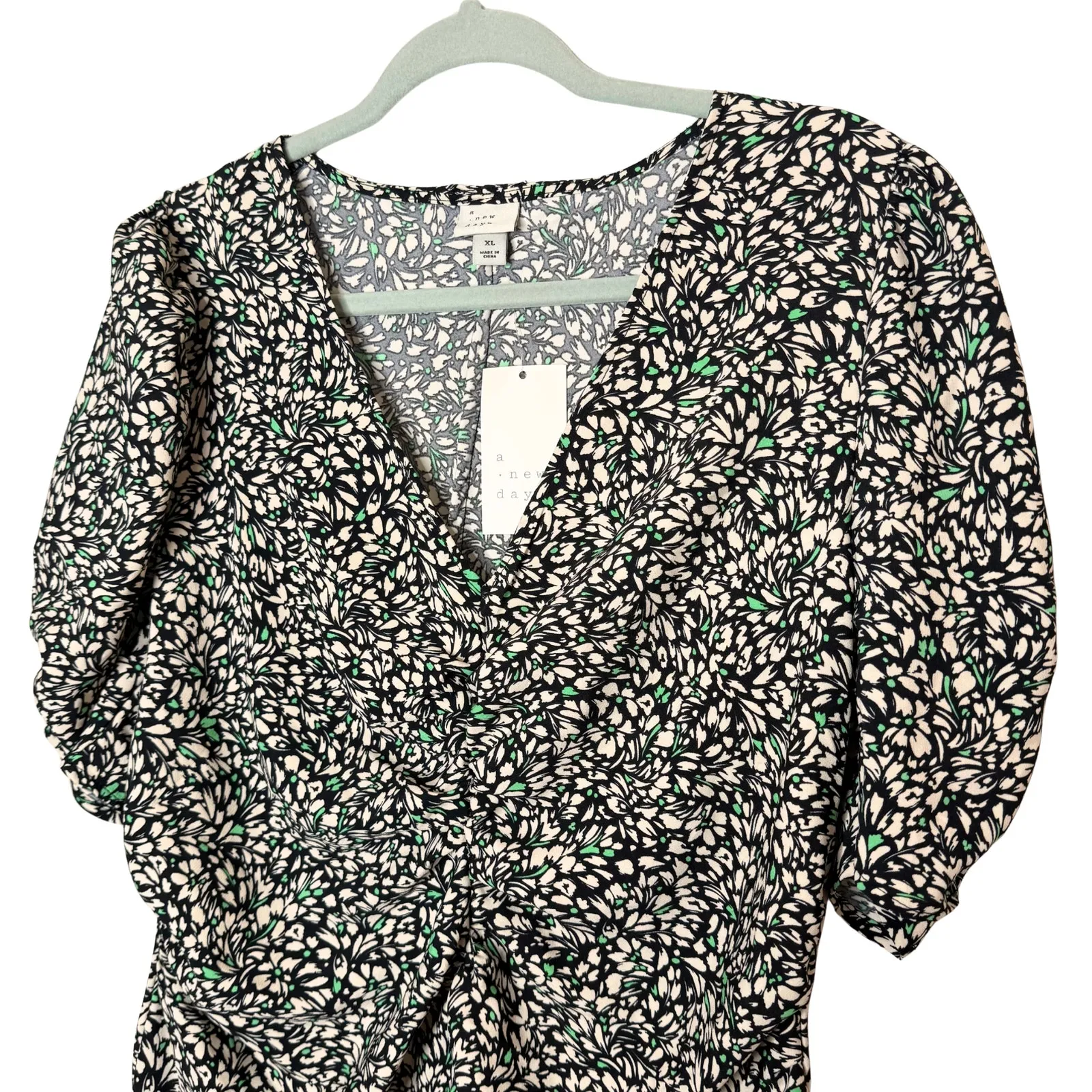 A New Day Floral Short Puff Sleeve Crepe Midi Dress Size XL Black Off-White New - Image 3