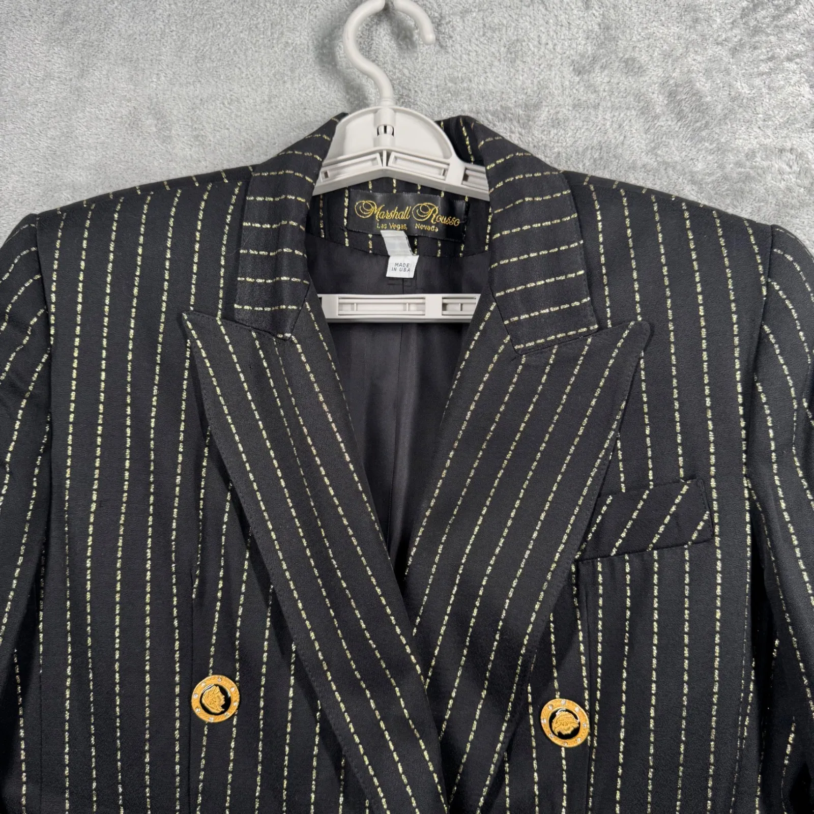 Marshall Rousso Blazer 8 Vintage 80s Gold Pinstripe Double Breasted Power Jacket Black - Image 4