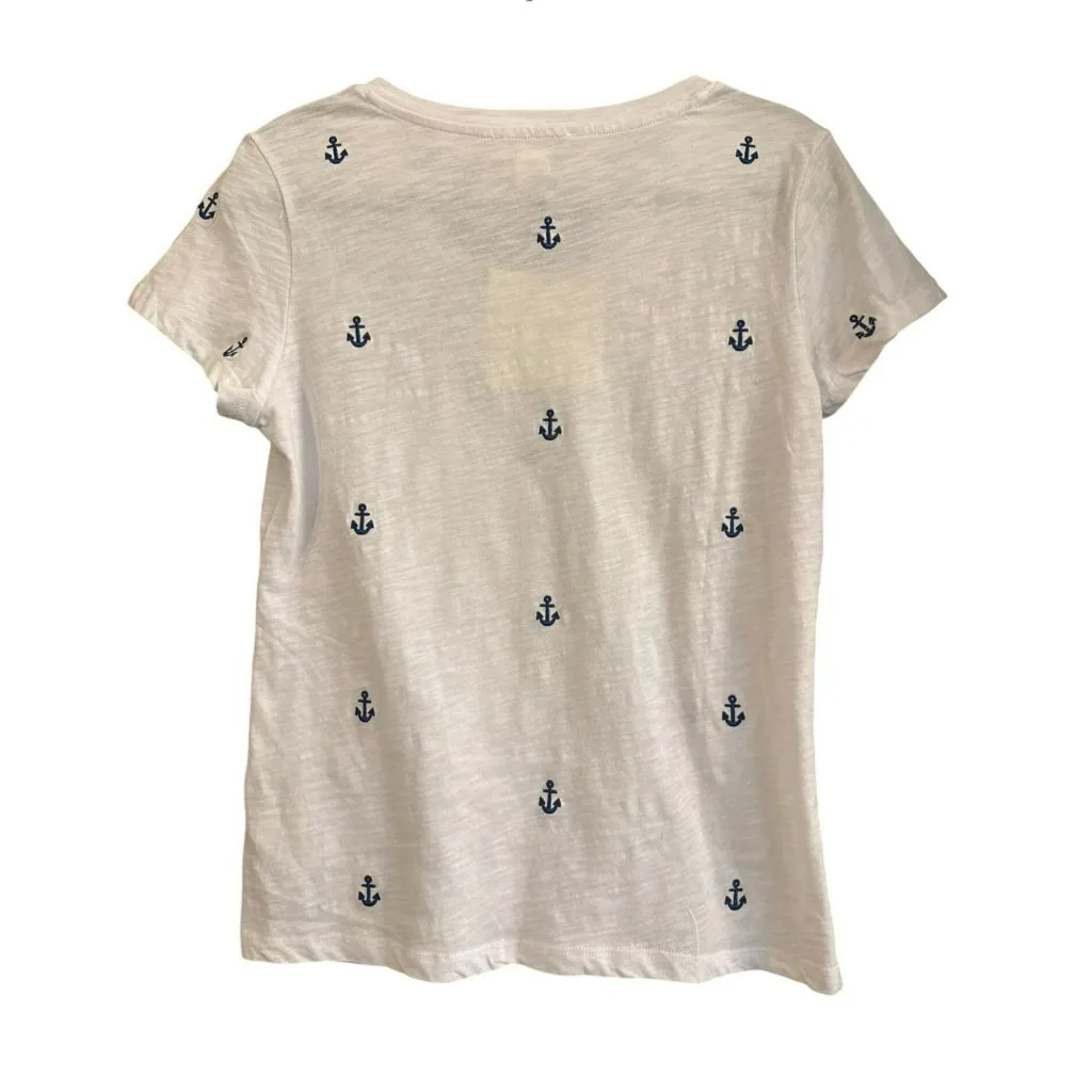 Cynthia Rowley Womens White V-Neck T-Shirt Navy Anchor Nautical Small Cotton NWT - Image 3