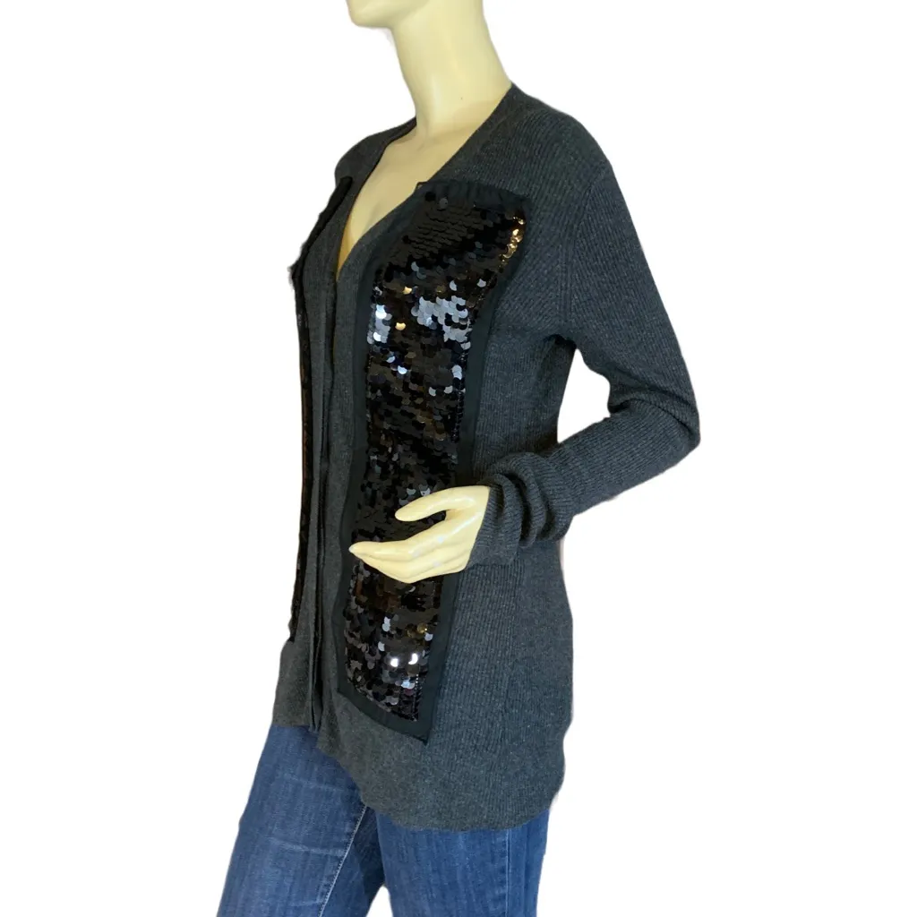 SIMPLY VERA VERA WANG GRAY RIBBED KNIT W/BLACK SEQUINS CARDIGAN SWEATER (XS) - Image 6
