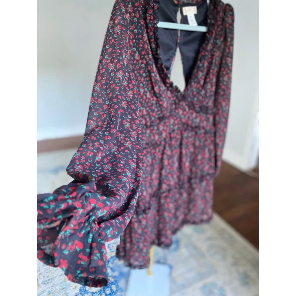 Altar’d State Ditsy Floral Ruffle Mini Dress Black Red Open Back Romantic Garden - Image 5