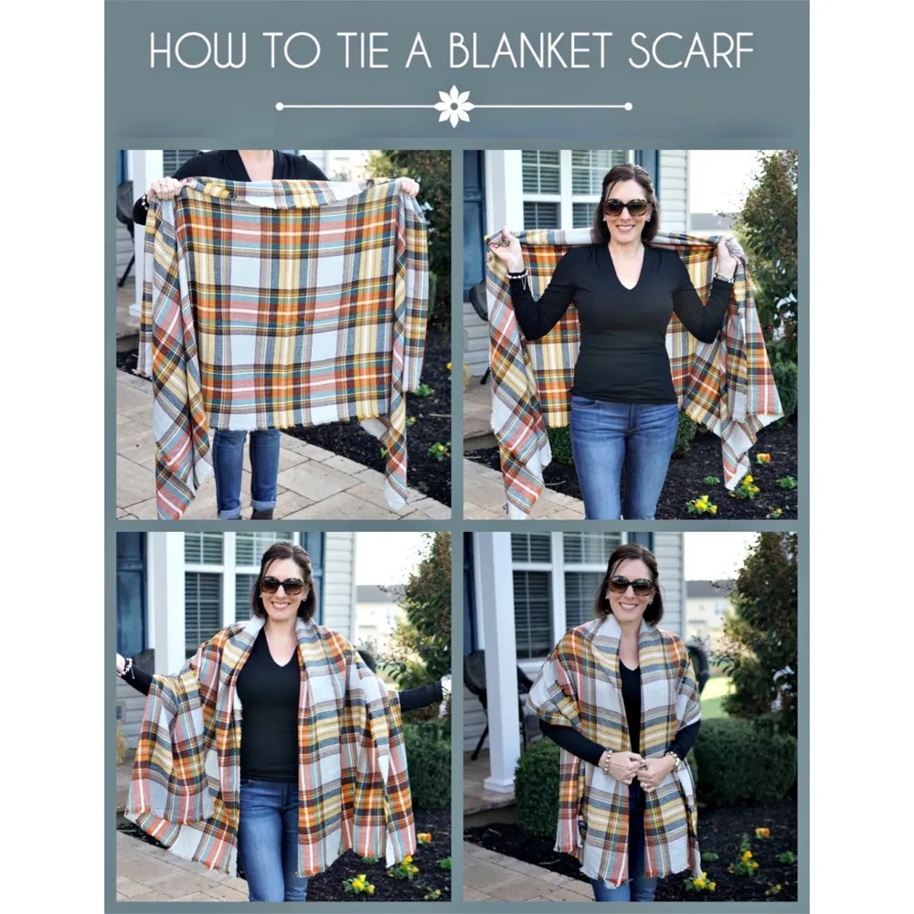 Cozy Fall Feel Oversized Plaid Blanket Scarf Shaw Wrap Cape Brown - Image 10