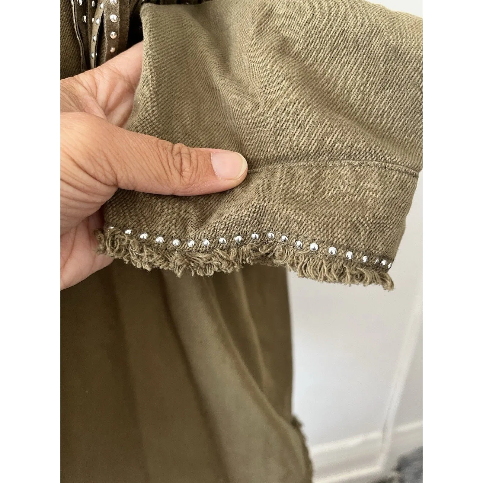 Zara Olive Green Shacket L Fringe Studded Western Rodeo Snap Button Cotton - Image 5