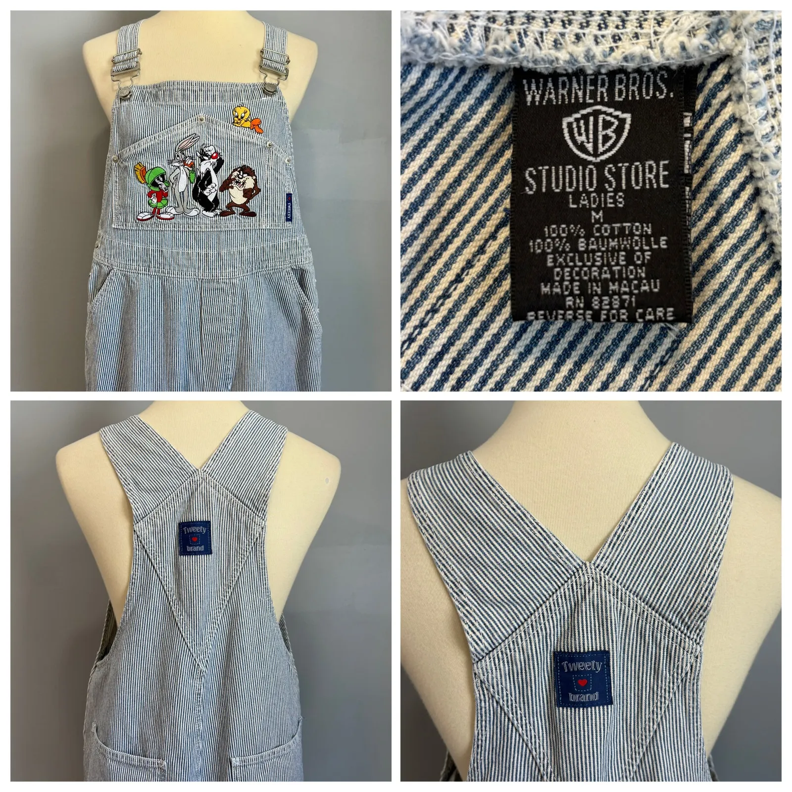VTG 90s Warner Bros Looney Tunes Characters Pinstripe Overalls Denim, Size M - Image 4