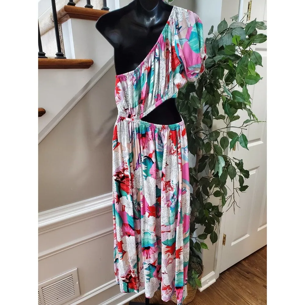 America & Beyond Women Floral Viscose One Shoulder Off Casual Long Maxi Dress M Size M - Image 7