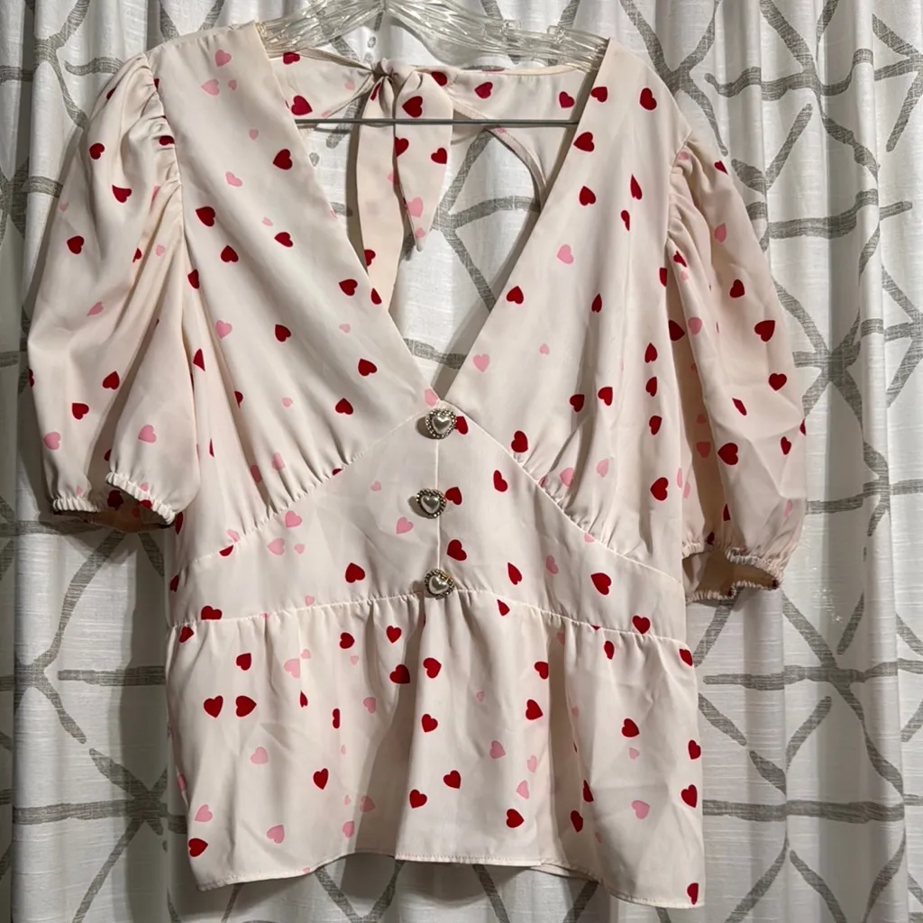 River Island Cream Blouse with Red and Pink Hearts - Image 1