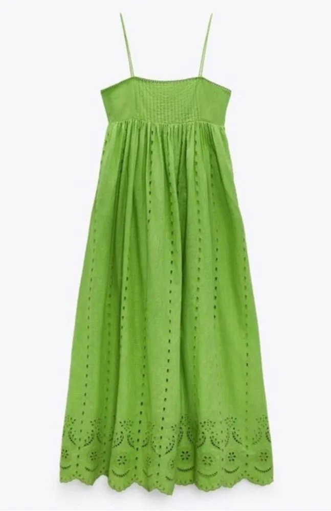 Zara Openwork Embroidery Midi Maxi Dress Lime Green 100% Cotton Size XS NEW - Image 4