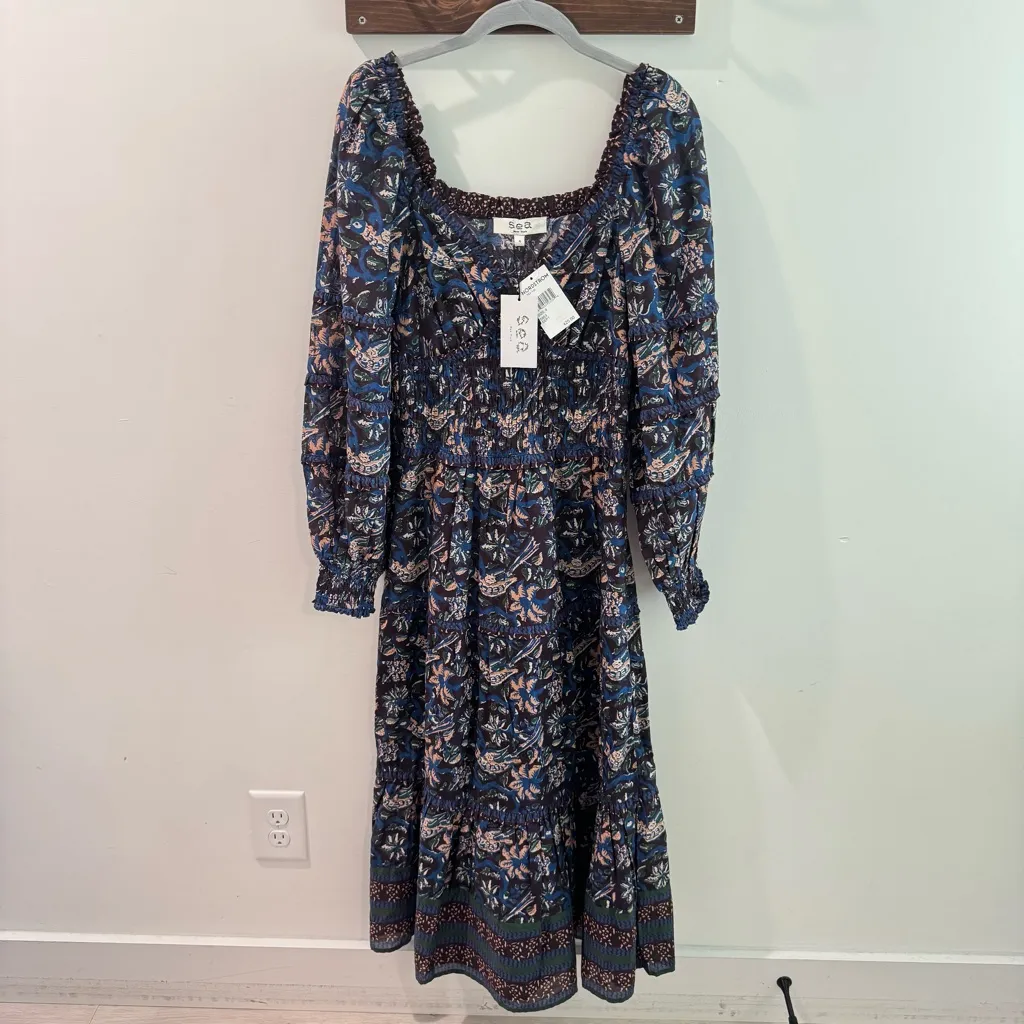 NWT Sea Noah Tiered Shirred Mixed Floral Print Cotton Voile Midi Dress Size 4 Blue - Image 3