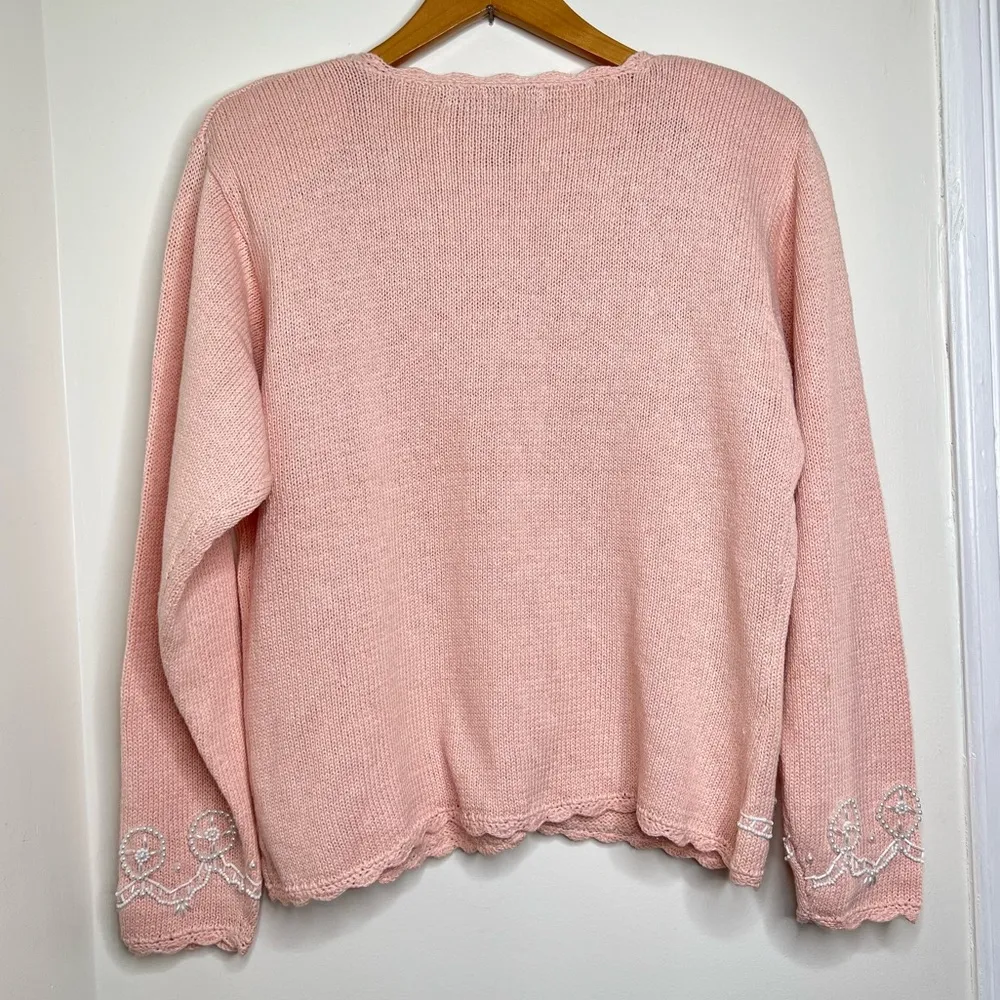 Vintage Eve Tyler Pink Pearl Beaded Sweater Cardigan Button Up Size Large - Image 7