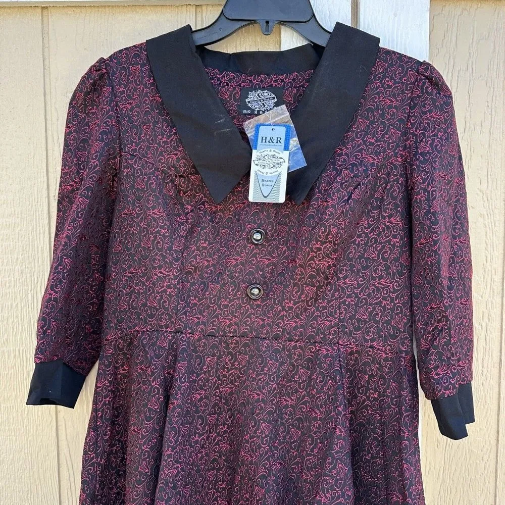 New Hearts and Roses Goth Steampunk Dress Red Floral Black Fit & Flare Size 10 - Image 2