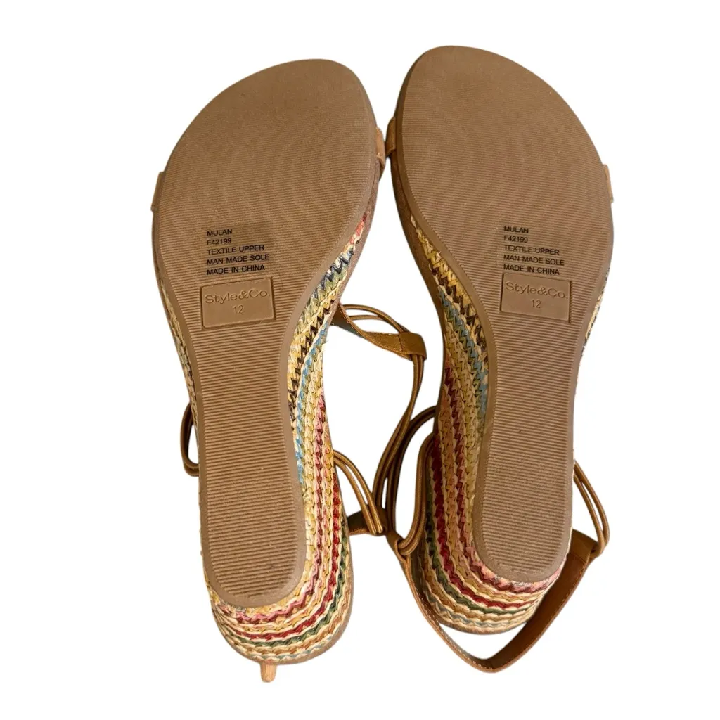 New Without Box Elegant Tan Wedge Sandals W/ Multicolor Boho Heel Size 12 - Image 9