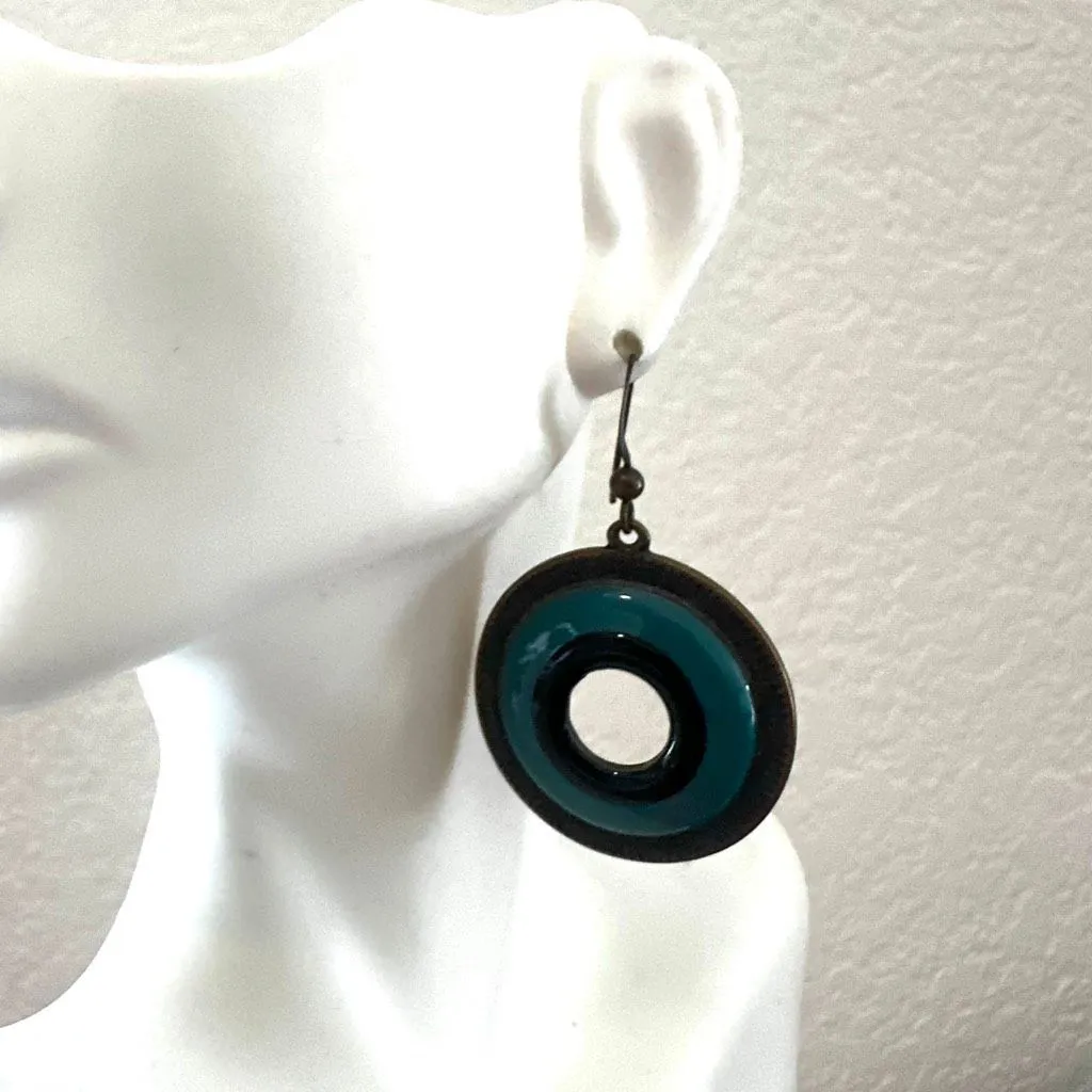 Brass & Enamel Circle Dangle Earrings Green - Image 6