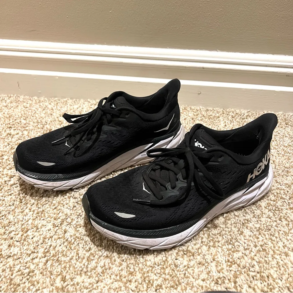 Hoka Clifton 8 Black and White Running Shoes Size 7.5 - Image 2