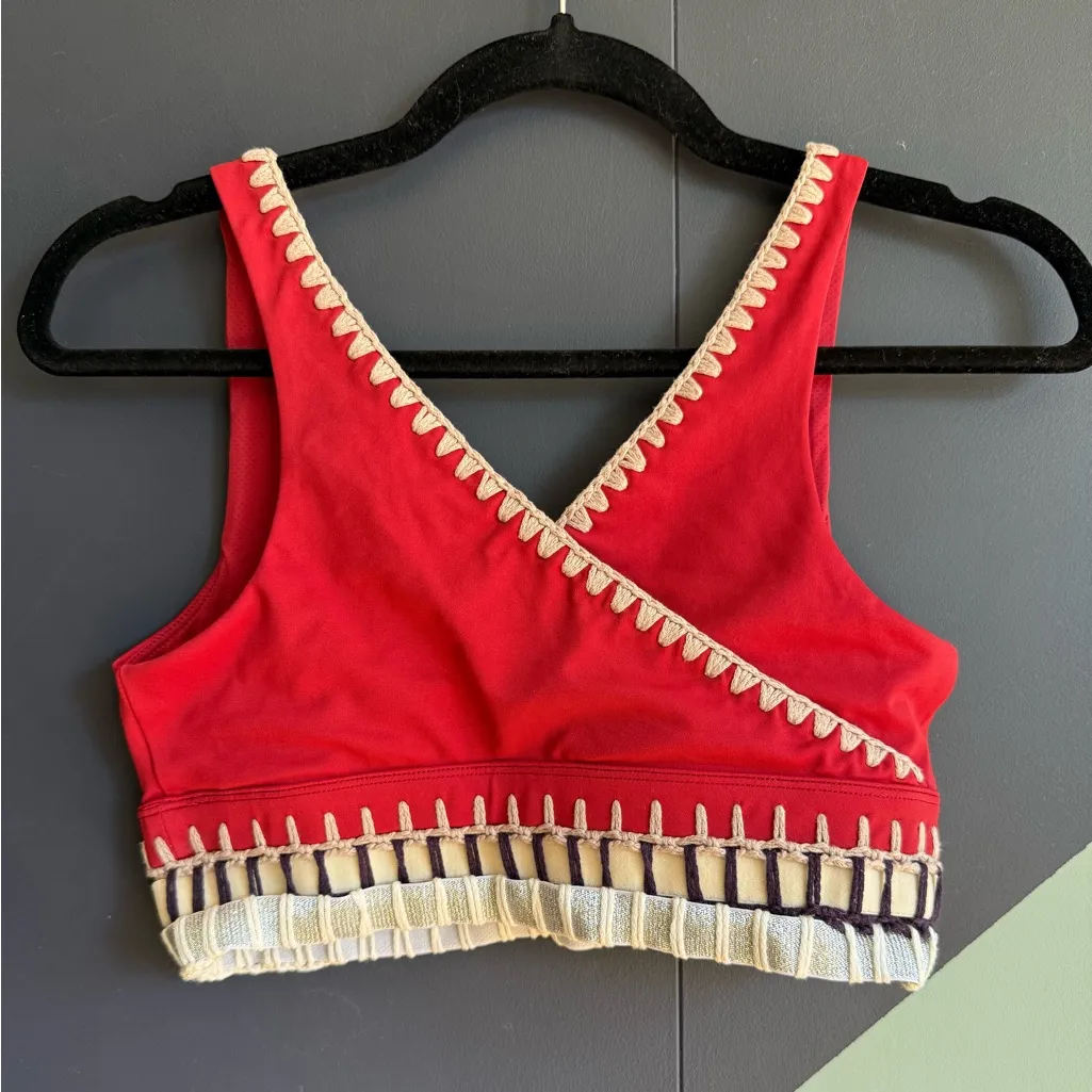 Carbon38 La Plage Crochet Banded Sports Bra, Red/Nude/Silver, Sz XS Red - Image 4
