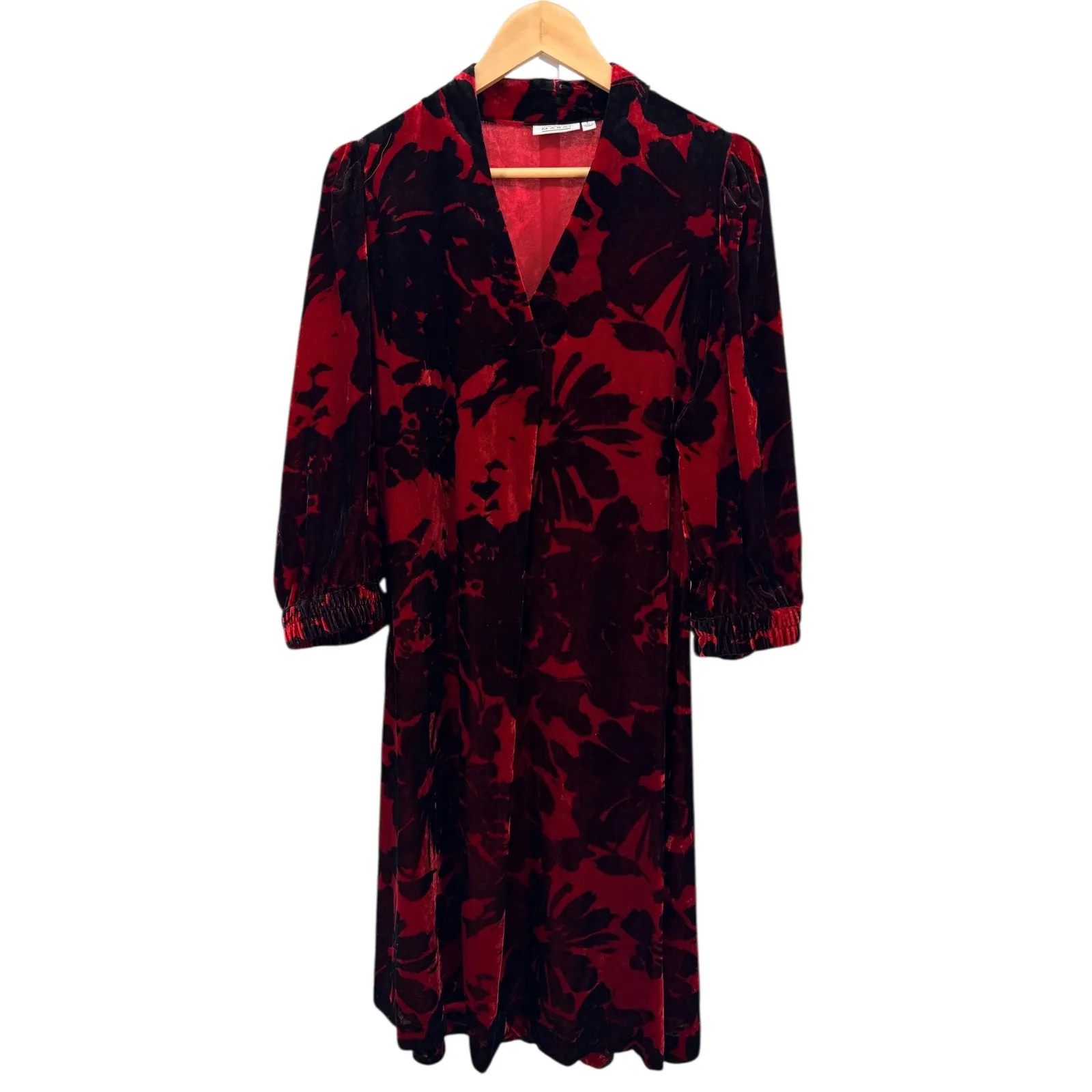 Masai Red Black Floral Velvet Midi Dress Long Sleeve Boho Chic Scandinavian L Size L - Image 3