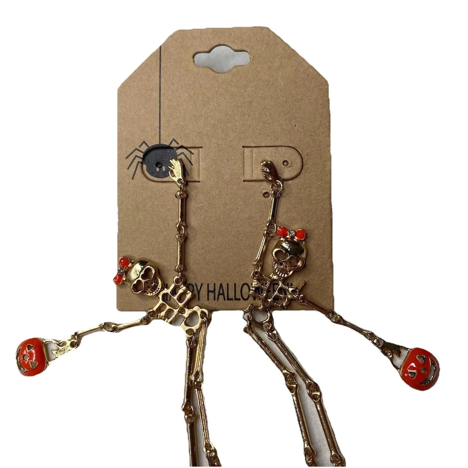 Happy Halloween Gold Pumpkin Jack O 'Lantern Skeleton Earrings - Image 2