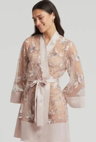 Rya Collection Sepia Rose Embroidered Mesh Kimono Robe Cover Up M L Tan Size L - Image 1