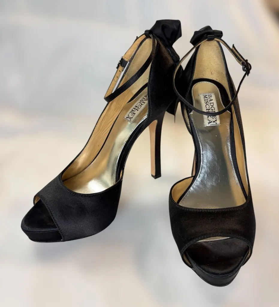 BADGLEY MISCHKA Black Satin Peep Toe Platform Pump Ankle Strap & Bow Accent, 7M - Image 1