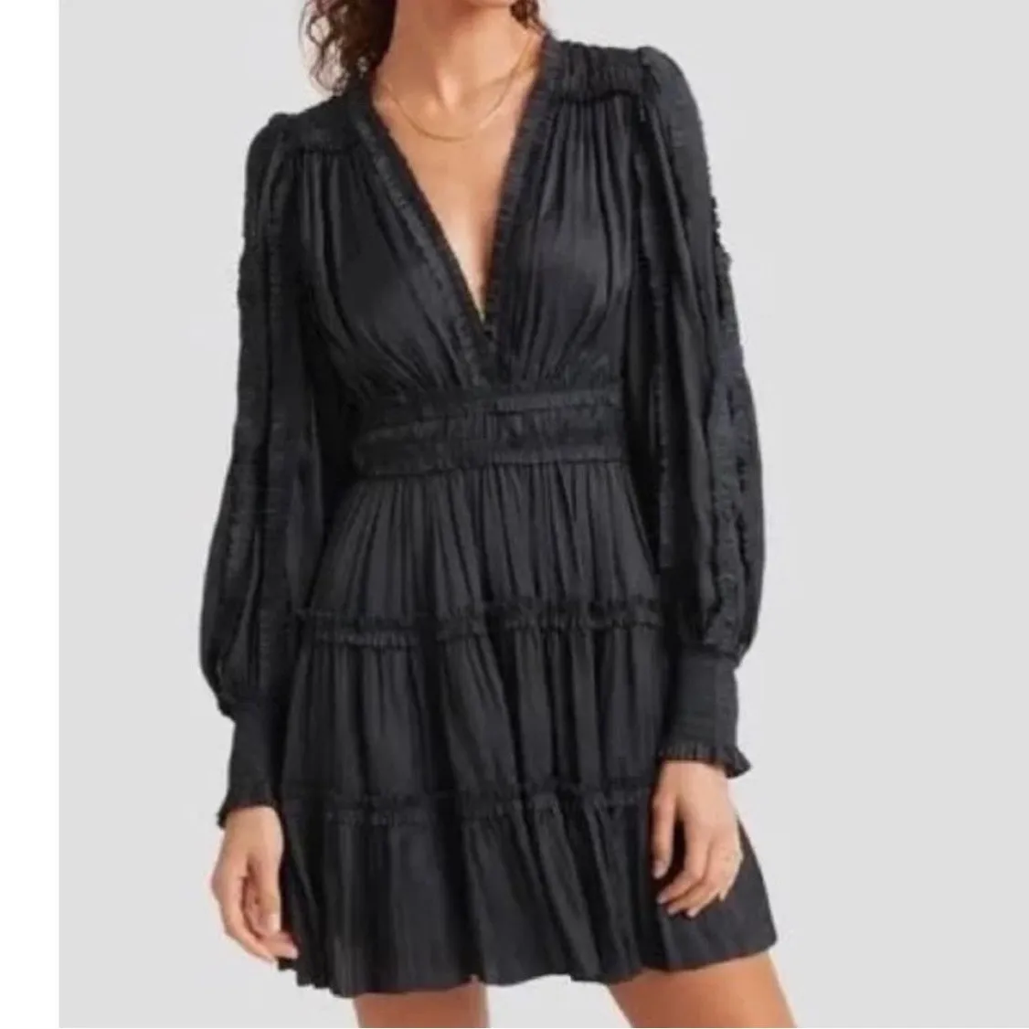 Ulla Johnson, Black Amara Tiered Ruffle Dress, Long Balloon Sleeves, Mini Length - Image 2