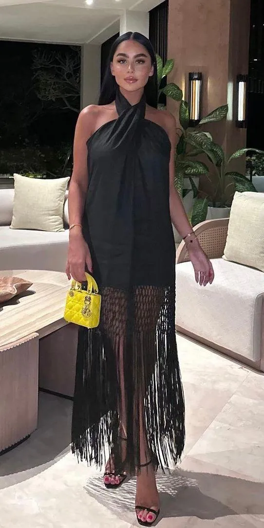 dress midi black halter neck linen fringed fringes boho - Image 11