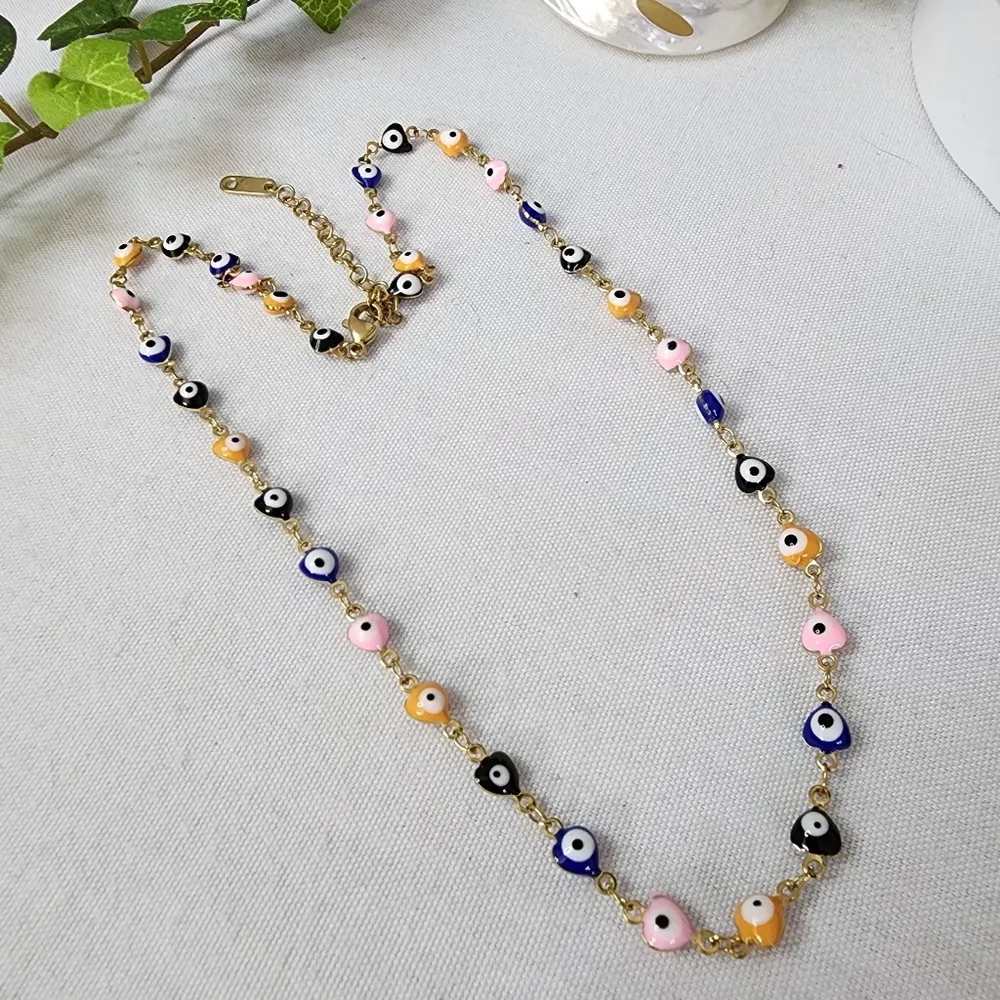 Gold Multi Color Enamel Evil Eye Heart Chain Necklace - Image 3