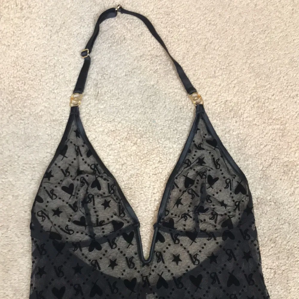 Victoria’s Secret Women’s Sheer VS Heart Patterned Halter Teddy Thong Lingerie - Image 2