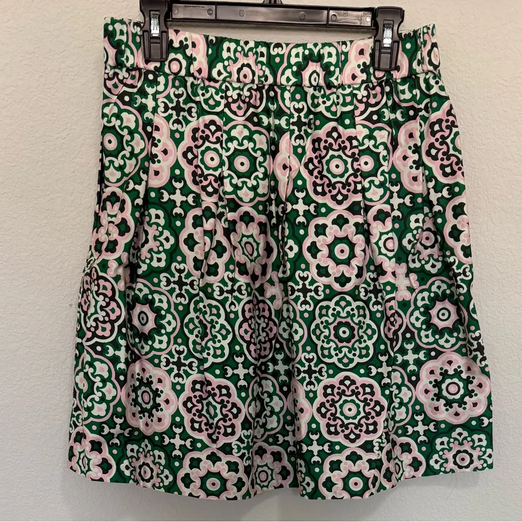 BODEN Pleated Cotton Skirt Green Green Pink Tambourine Artisian Geo Size 10 - Image 6