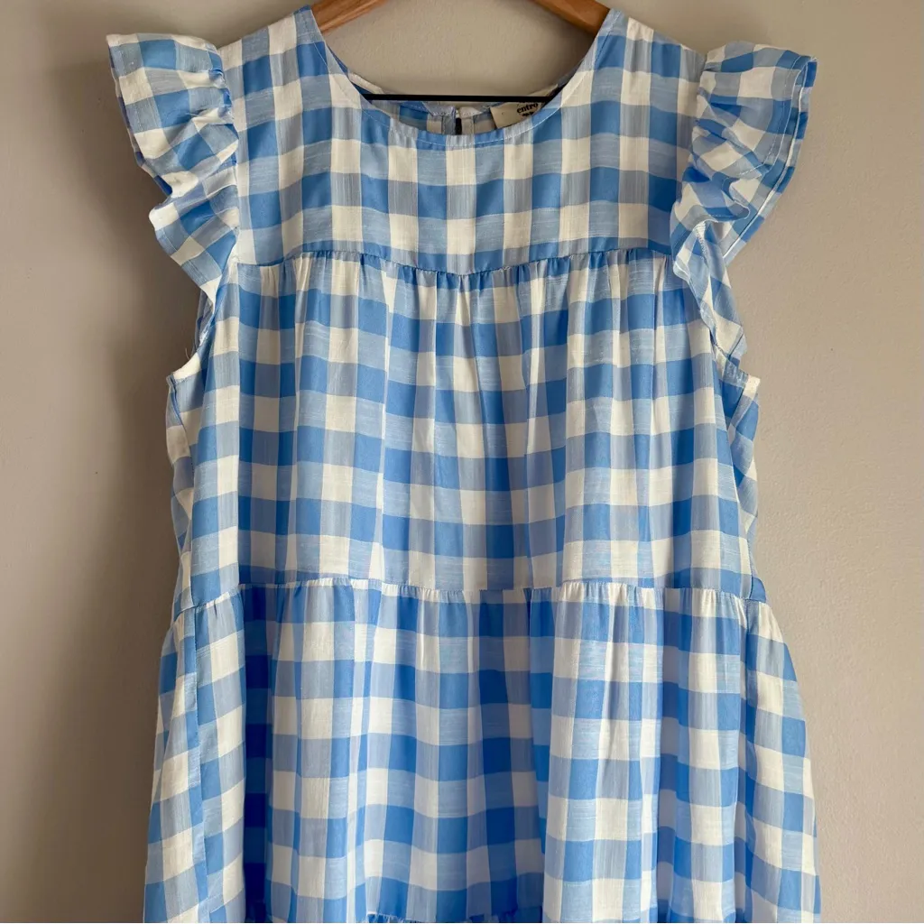 Entro Boutique Sky Checkered Gingham Short Sleeve Tiered Midi Dress Sz Medium - Image 4