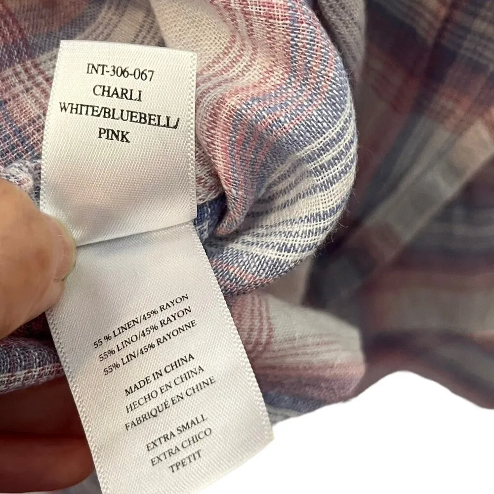 Rails Charli White Bluebell Pink Linen Blend Button Down Plaid Women’s Size XS - Image 11