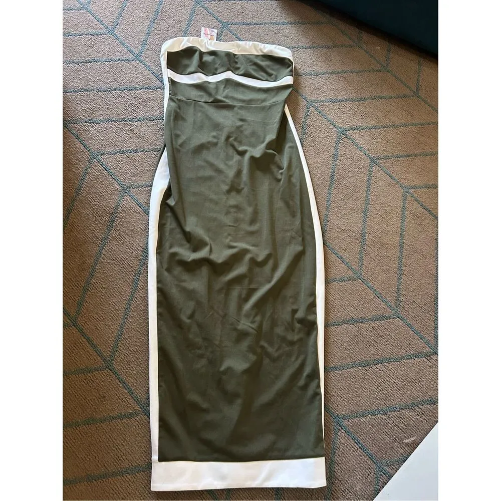 NEW Olive Green Bodycon Strapless Slit Cocktail Party Tube Maxi Dress S - Image 4