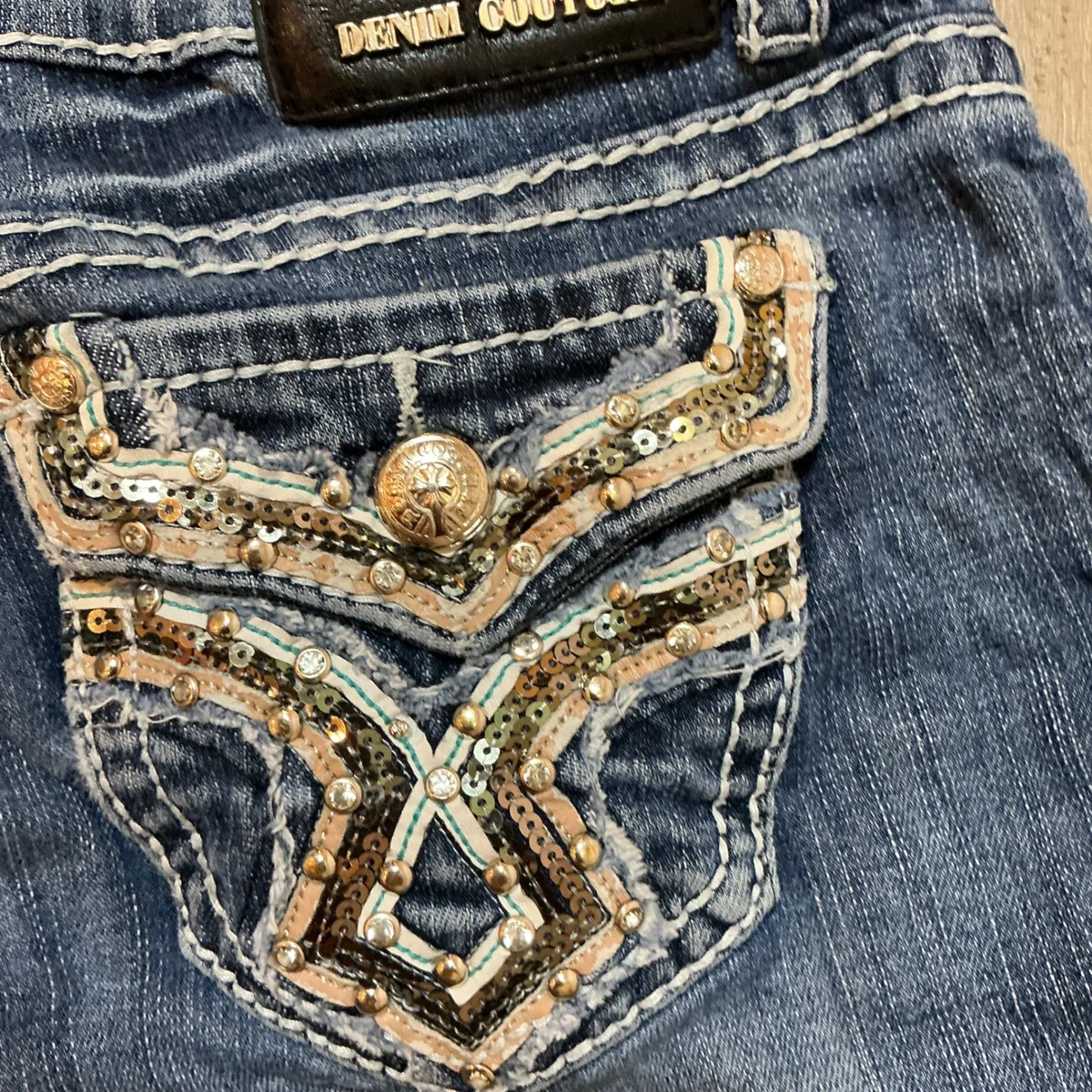 Denim Couture Denim Shorts Embellished Pockets Rhinestone Sequin Dark Wash - Image 5