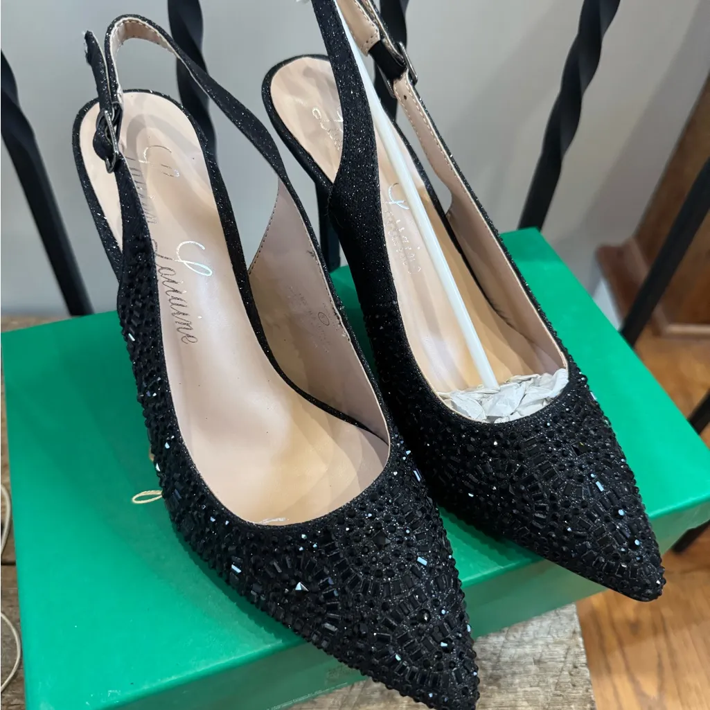 Lauren Lorraine Glittering Rhinestone Black Slingback Ponted Toe Heels - Image 2
