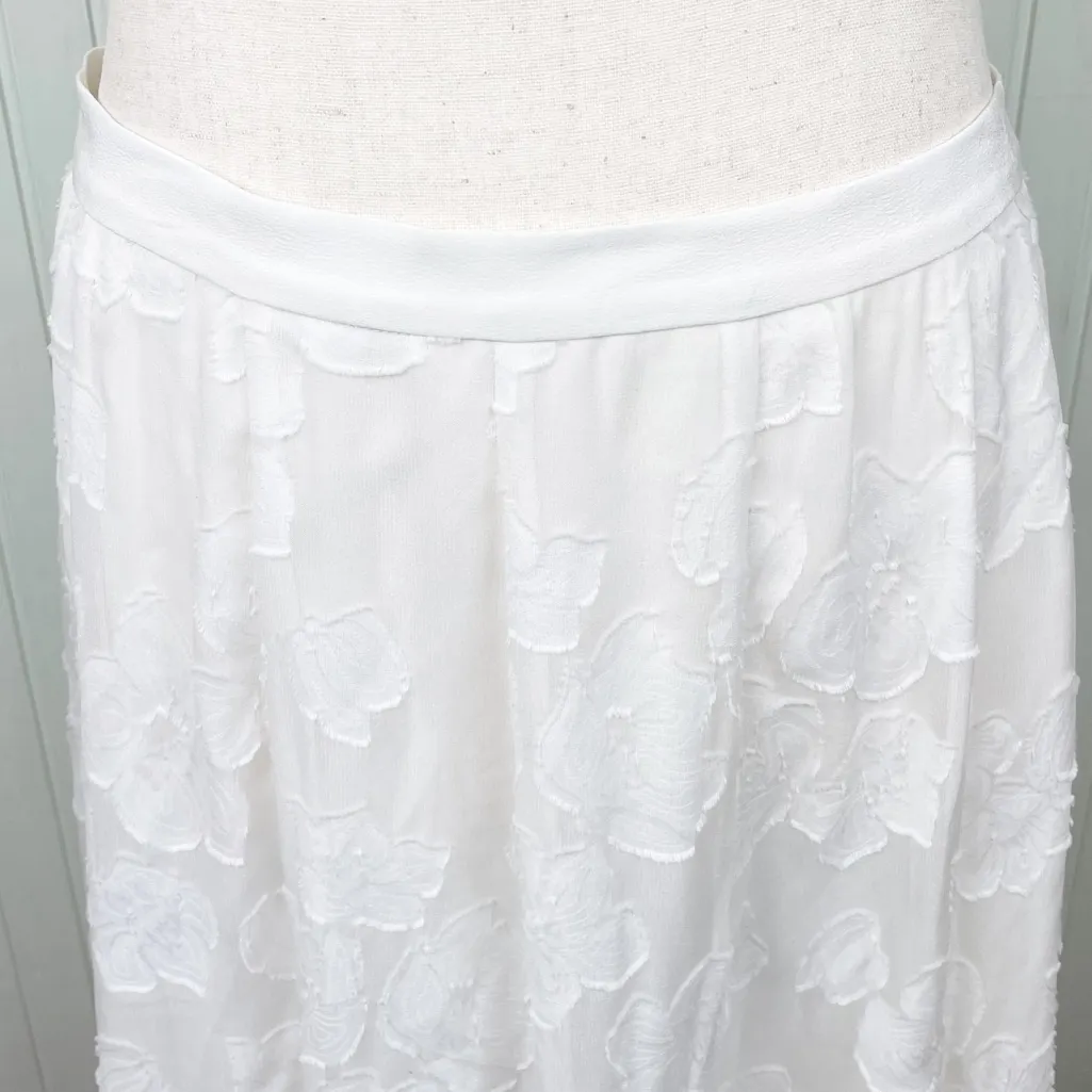 Rebecca Taylor Asymmetrical Hem Mixed Fabric Midi Skirt Size 4 Silk Floral White - Image 5