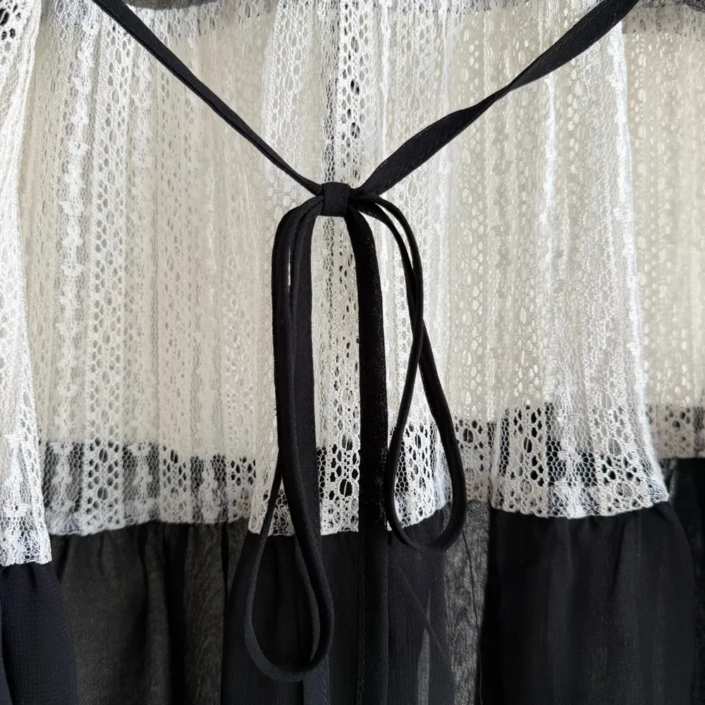 Romantic Lace Stripe Tunic Black White Sheer Babydoll Grunge Chic Top Size Large - Image 3