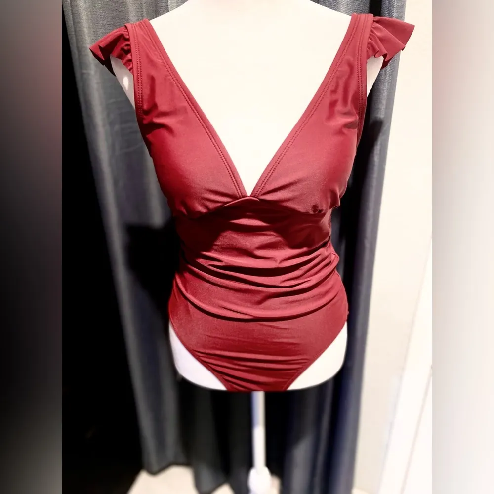 NWOT Kona Sol Women's Ruffles on the Shoulder One Piece Swimsuit Burgundy, Small - Image 2