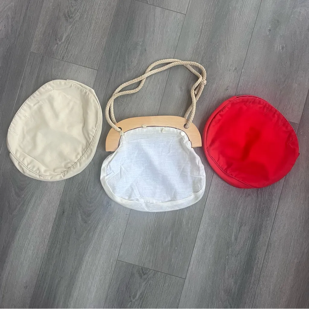 Vintage wooden handle purse with two interchangeable covers 70s boho White - Image 2