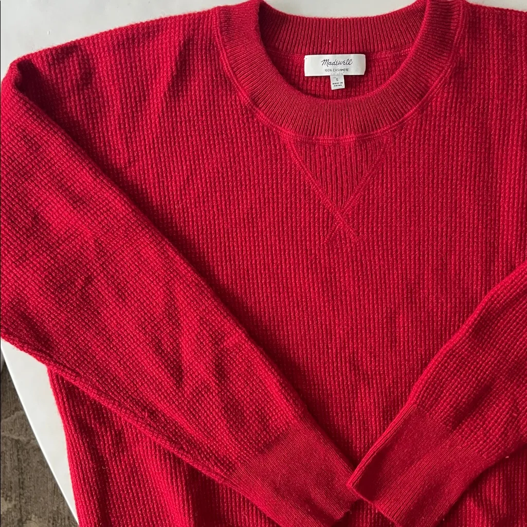 Madewell 100% Cashmere Red Thermal Waffle Knit Crewneck Sweater Sz S - Image 4