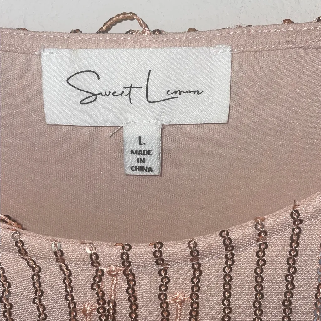 Champagne Pink Sequin Fringe Long Sleeve Mini Party Dress Size L - Image 4