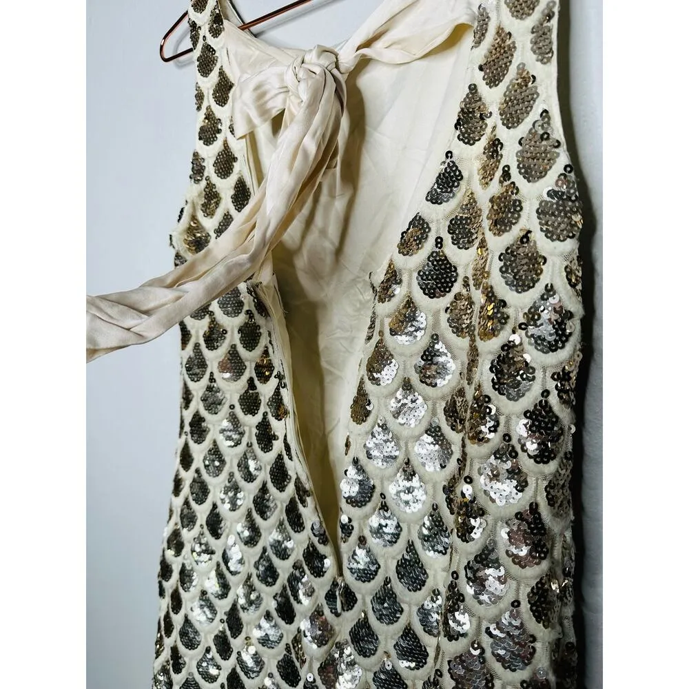 MILLY White Gold Silver Scallop Print Sequins Rhea Sleeveless Mini Dress Size 6 - Image 14