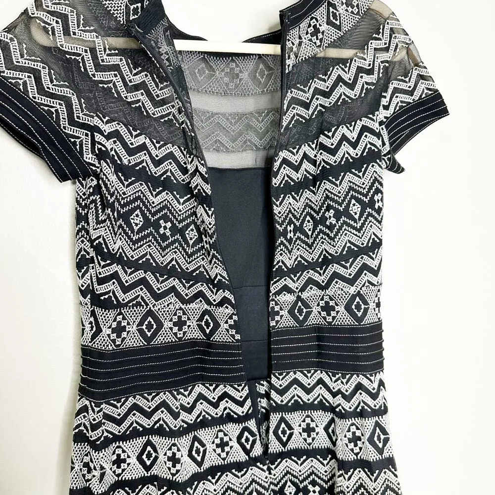 Tadashi Shoji Womens Dress Short Sleeve Embroidered Geometric Black Whi Size 8 - Image 5