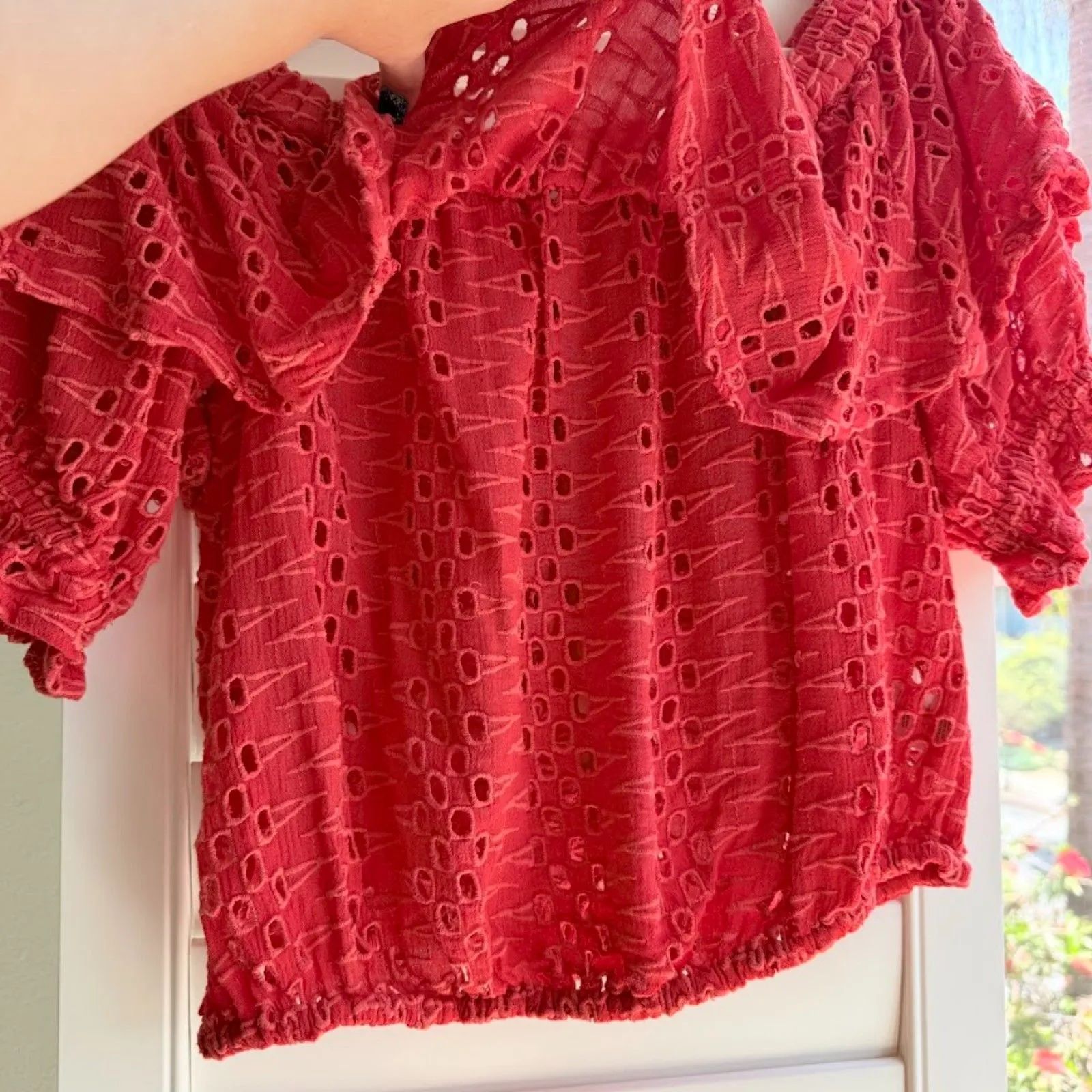 Free People 'That Girl' Eyelet Ruffle off the shoulder Crop Top in Red size S - Image 4
