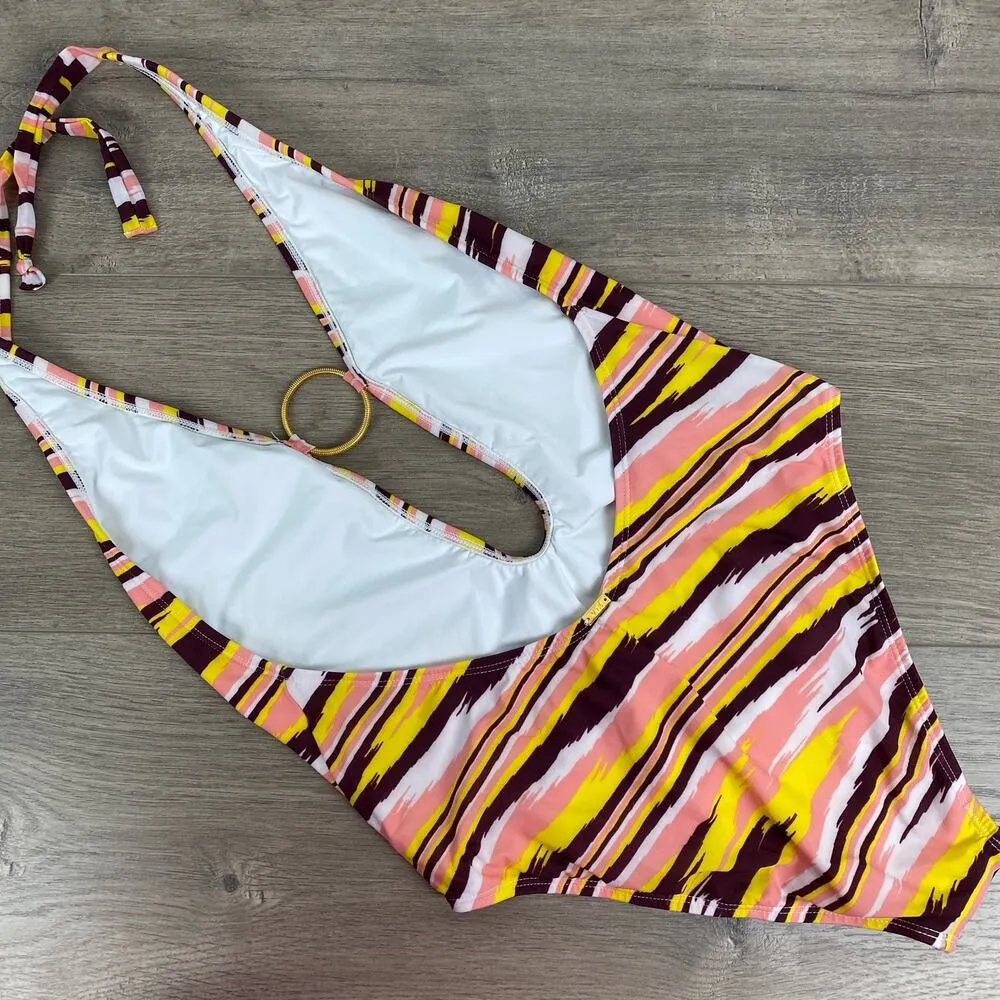 VIX by Paula Hermanny Brown&Yellow Watercolor Stripe Deep Plunge One Piece Sz.L Brown Size L - Image 5