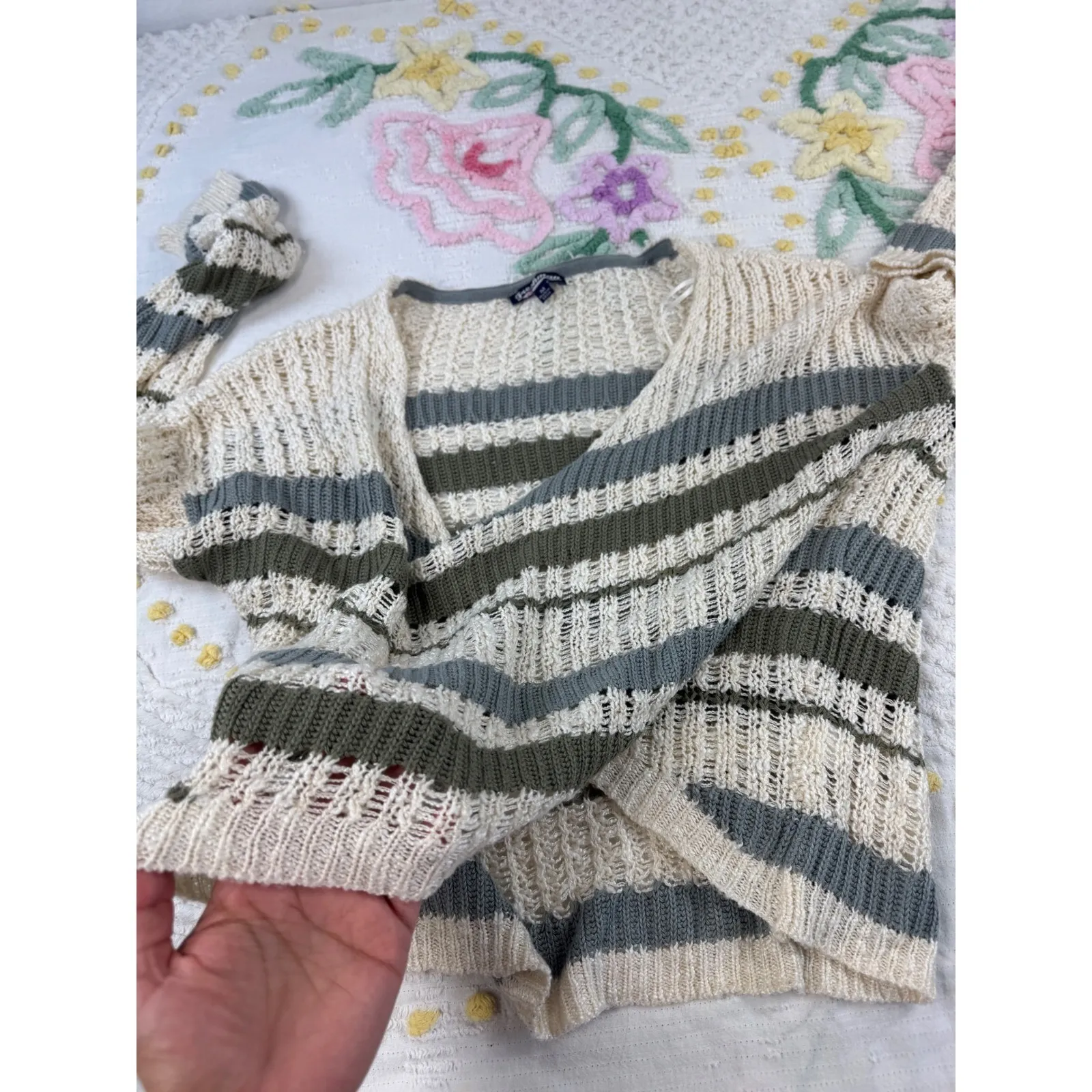 Freshman Knit Sweater Striped V Neck Crop Top Open Weave Beige Green Blue M Tan Size M - Image 9