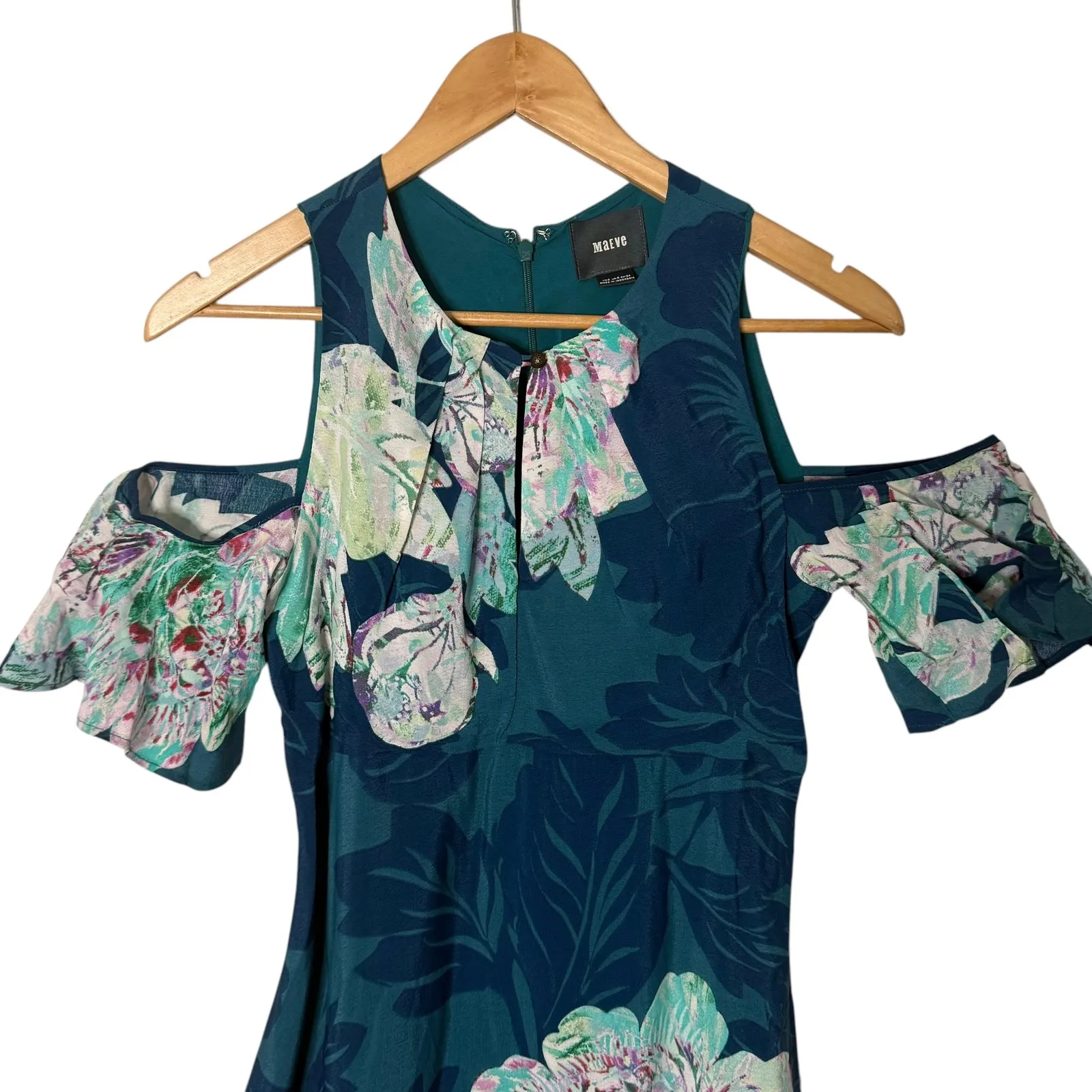 Anthropologie Tropical Print Cold Shoulder Dress Size 2 Feminine Hawaiian Floral - Image 3