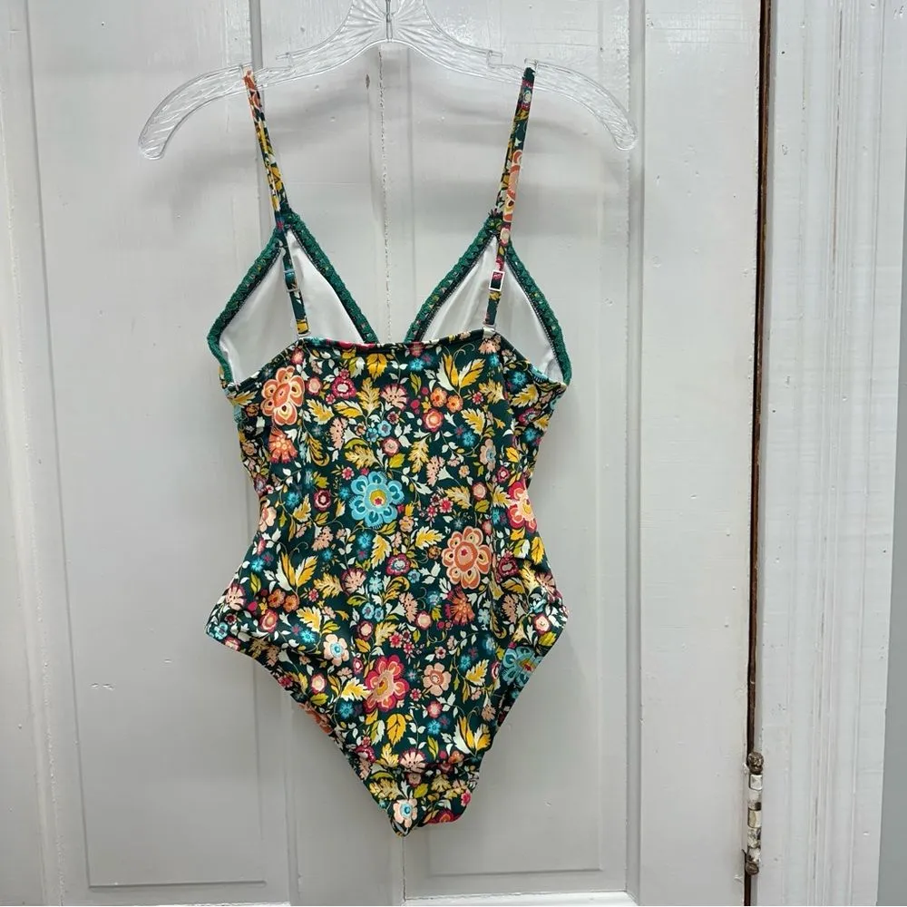 NWOT LOFT beach‎ dark teal bright floral 1 one piece swimsuit women's 6 - Image 5