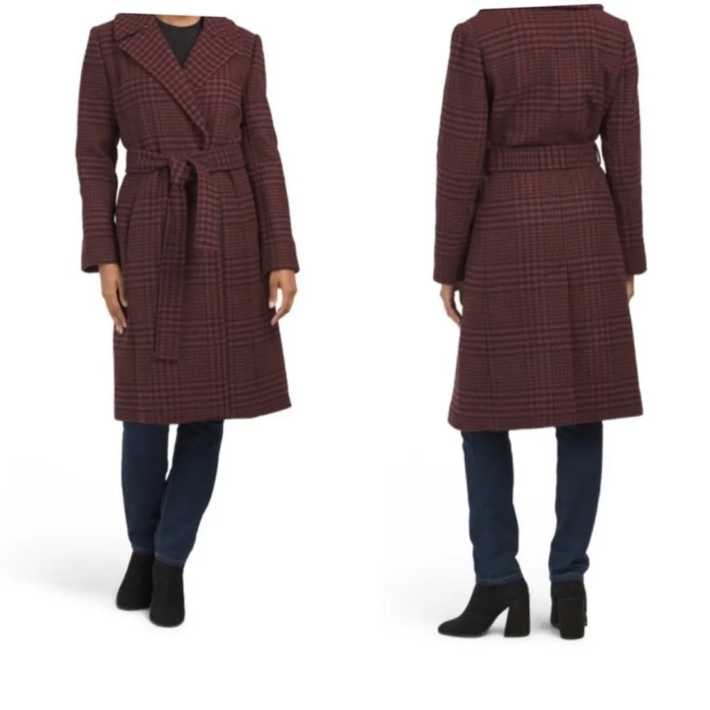 Anne Klein Plaid Wool Wrap Coat in Umber Navy Sz10 - Image 2