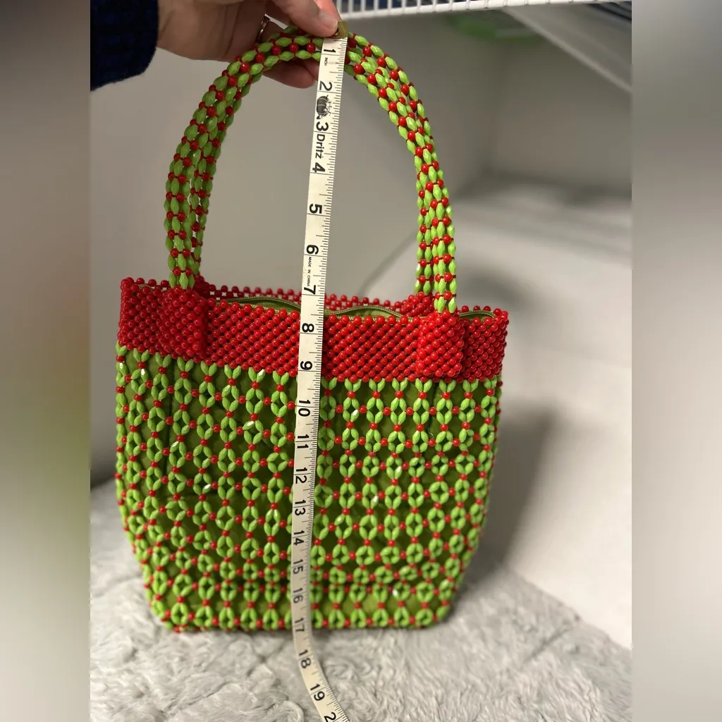 Artisan Red and Green Beaded Tote Bag Y2K - Image 5